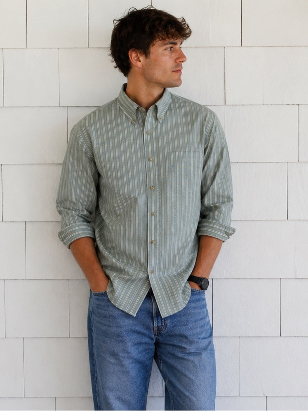 L.L.Bean Men’s Green Blue Striped Button Down Shirt Cotton Large Preppy Academia